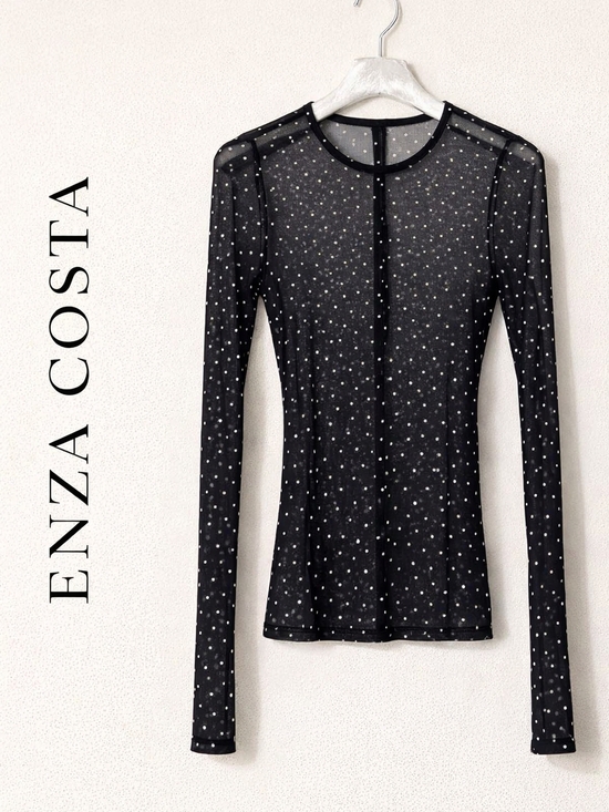 Enza Costa Tops - Enza Costa Black Sheer Polka Dot Mesh Top Long Sleeve Stretch Sz M Minimalist